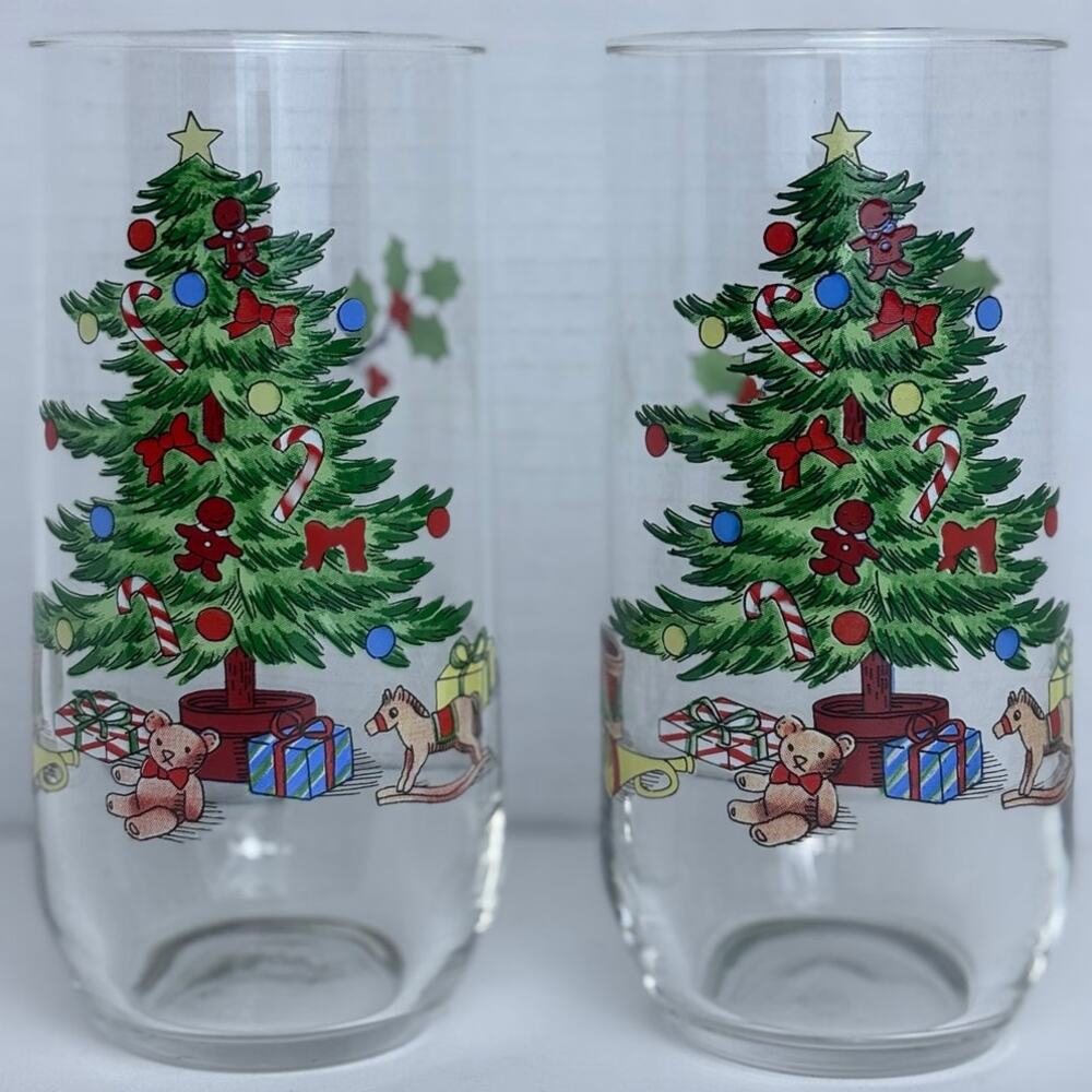 VTG LUMINARC Two CHRISTMAS TREE NOEL 16 oz 5 ⅞” Drinking Glasses Tumblers